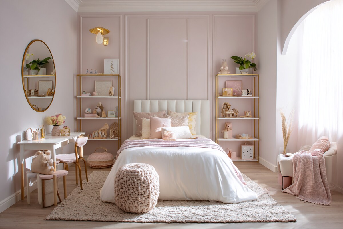 Art Deco Girls Room Design With Pink Wall Panels